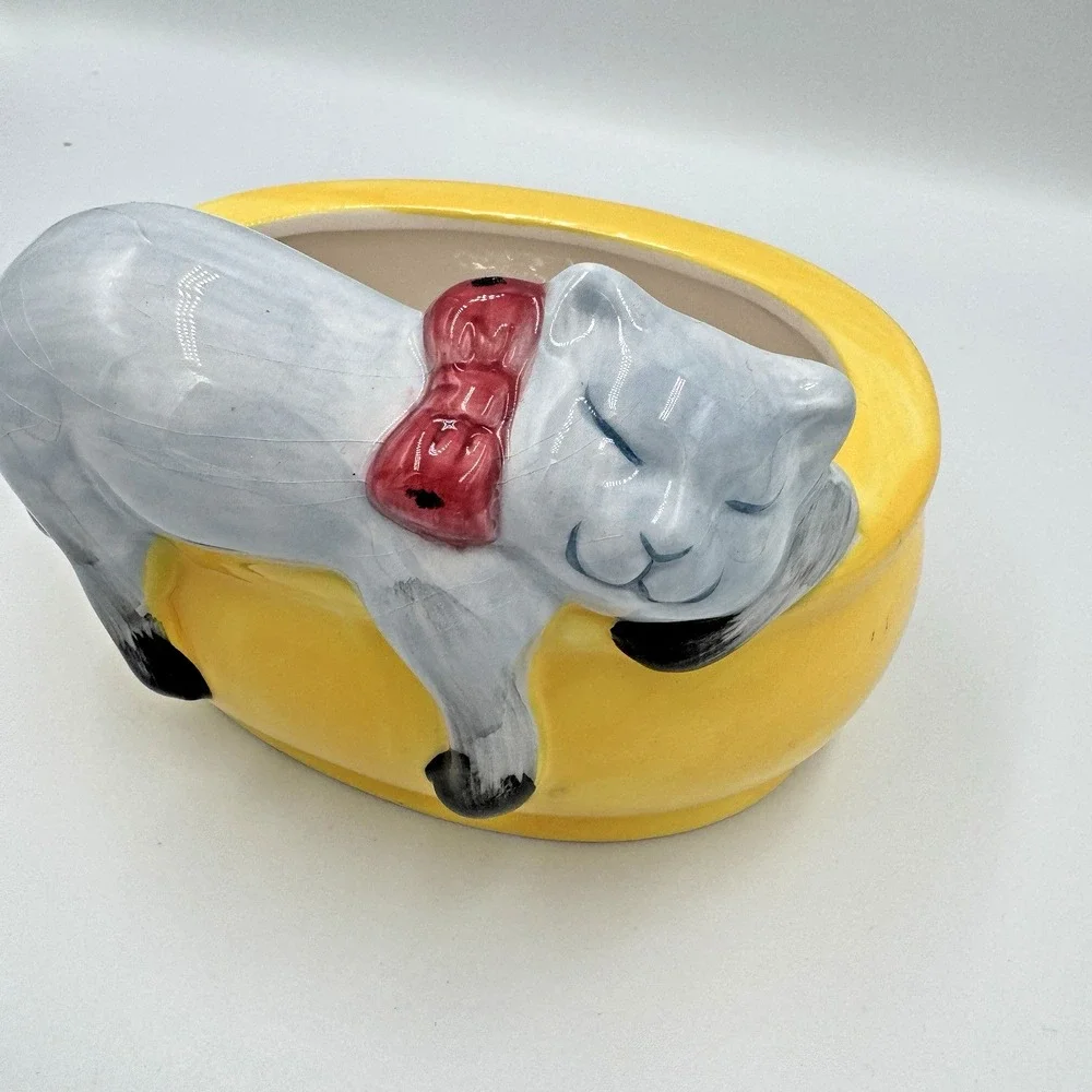 Ceramic Sleeping Gray Cat Planter Trinket Dish Yellow Bowl Red Bow Kitty Decor